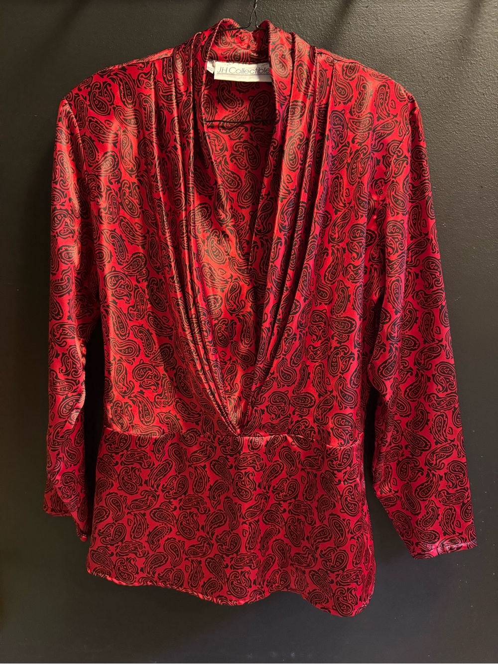 1980s Red and Black Paisley Vtg Draped Satin Blouse by JH Collectibles Sz 10